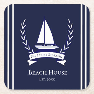 Nautical Navy Blue Sailboat Coastal Monogrammed   Square Paper Coaster