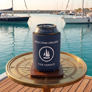 Nautical Navy Blue Sailing Welcome Aboard Custom Can Cooler