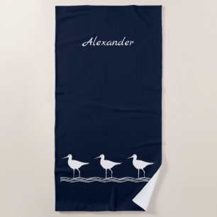 Nautical Navy Blue Sandpipers Birds Beach Towel