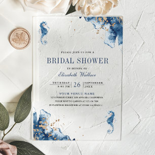 Nautical Navy Blue Seahorse Bridal Shower Acrylic Invitations