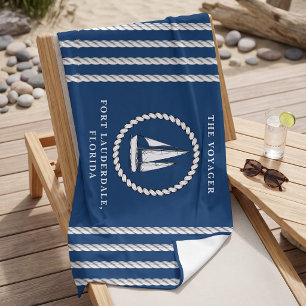 Nautical Navy Blue Ship's Wheel Anchor Beach Towel