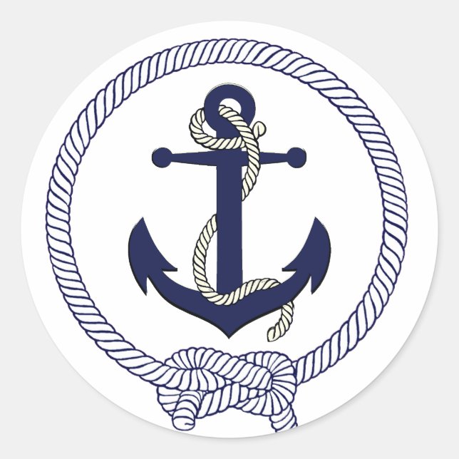 Nautical navy blue silhouette anchor rope classic round sticker (Front)