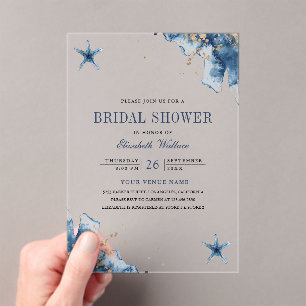 Nautical Navy Blue Starfish Bridal Shower Acrylic Invitations