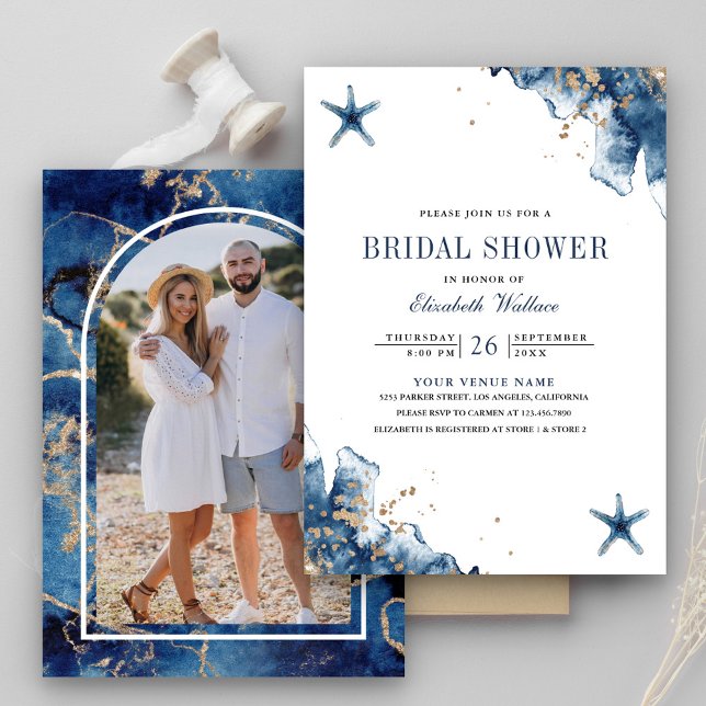 Nautical Navy Blue Starfish Photo Bridal Shower Invitation (Creator Uploaded)