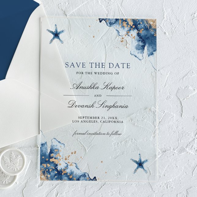 Nautical Navy Blue Starfish Wedding Save the Date Acrylic Invitations (Creator Uploaded)