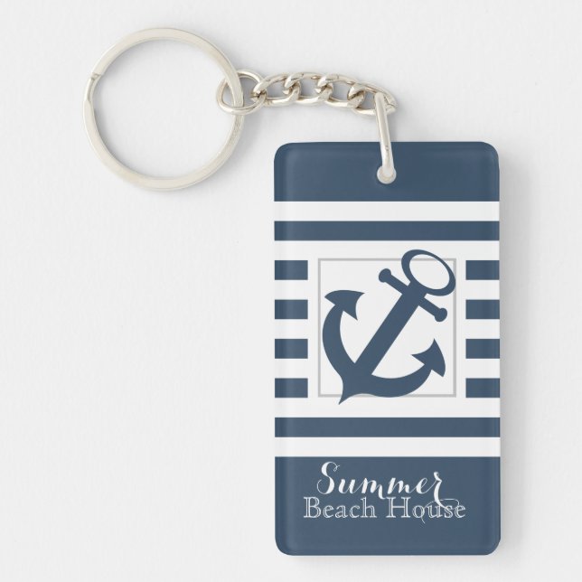 Nautical Navy Blue Stripe Beach House Key Ring (Front)