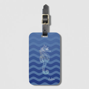 Nautical Navy Blue Stripe Waves Seahorse Luggage Tag