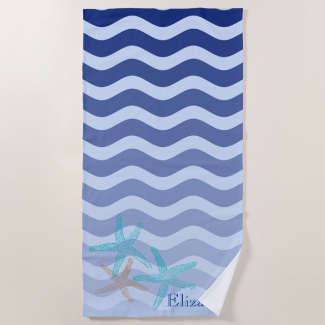 Nautical Navy Blue Stripe Waves Starfish Beach Towel (Front)
