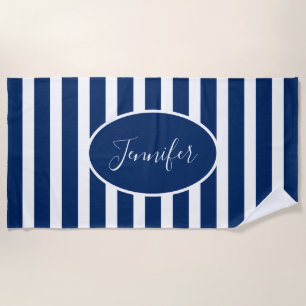 Nautical Navy Blue Striped Add Name Script Beach Towel