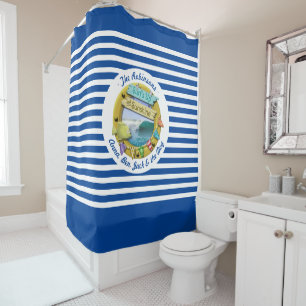 Nautical Navy Blue Striped Beach Hut Summer Design Shower Curtain