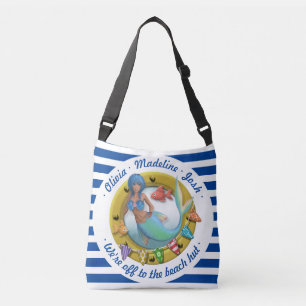 Nautical Navy Blue Striped Mermaid Summer Beach Crossbody Bag