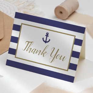Nautical Navy Blue Stripes Anchor Gold Script Thank You Card