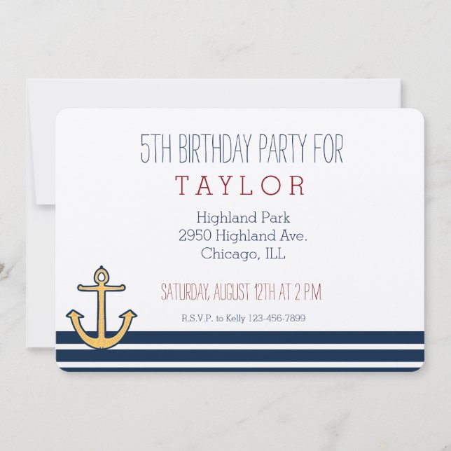 Nautical Navy Blue Stripes Anchor Invitation (Front)