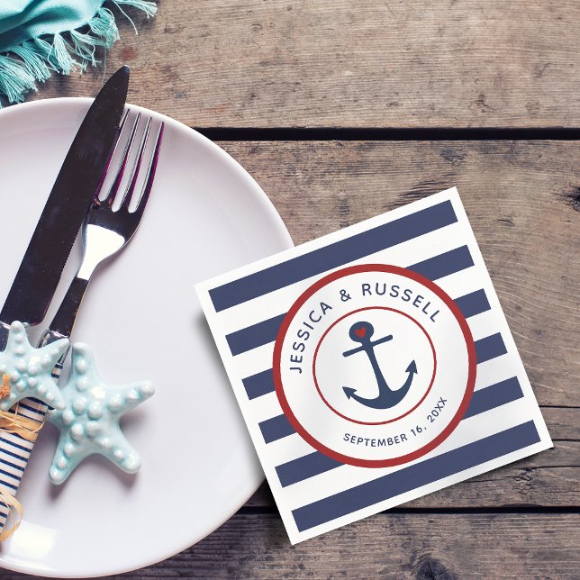 Nautical Navy Blue Stripes Anchor Paper Napkin (Nautical Navy Blue Stripes Anchor Paper Napkins)