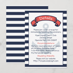 Nautical Navy Blue Stripes Anchor Wedding Details Invitation