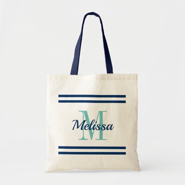 Nautical navy blue stripes elegant custom monogram tote bag (Front)