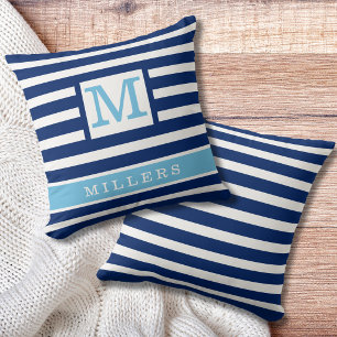Nautical Navy Blue Stripes Family Name Monogram  Cushion