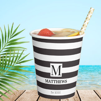 Nautical Navy Blue Stripes Family Name Monogram Paper Cups