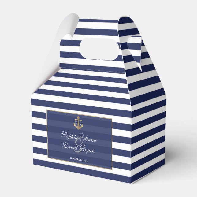 Nautical Navy Blue Stripes Gold Anchor Wedding Favour Box (Front Side)