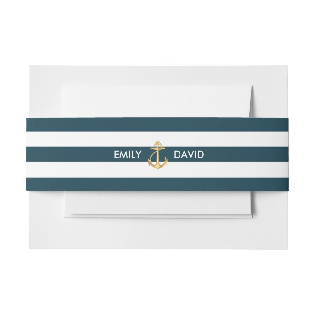 Nautical Navy Blue Stripes Gold Anchor Wedding Invitation Belly Band (Front Example)
