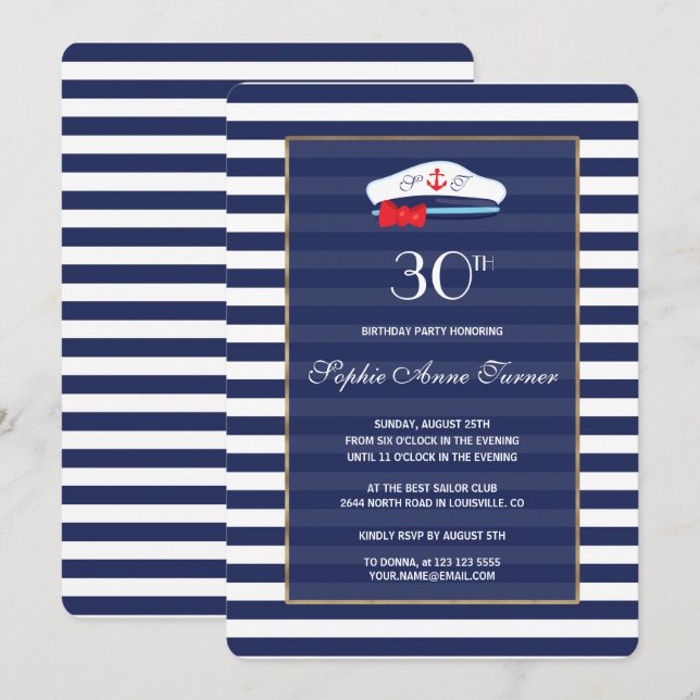 Nautical Navy Blue Stripes Gold Birthday Monogram Invitation (Front/Back)