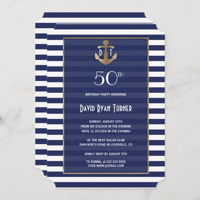Nautical Navy Blue Stripes Gold Birthday Party Invitation (Front/Back)