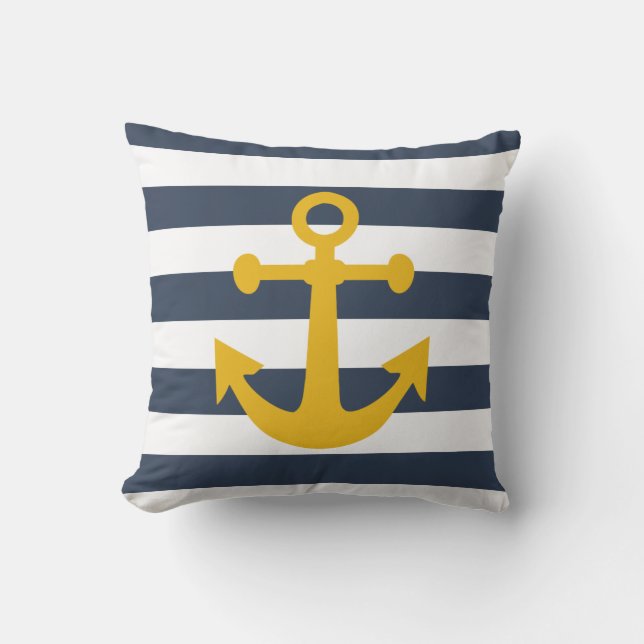 Nautical Navy Blue Stripes Mustard Yellow Anchor Cushion (Front)