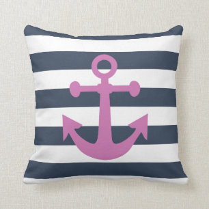 Nautical Navy Blue Stripes Purple Anchor Cushion
