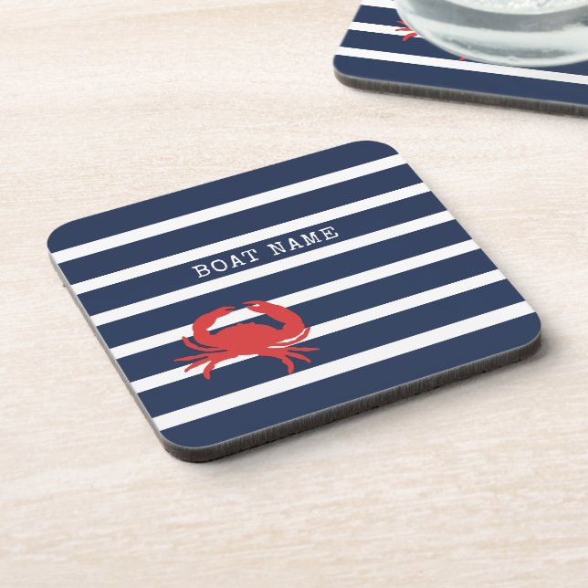 Nautical Navy Blue Stripes Red Crab Boat Name Coaster (Left Side)