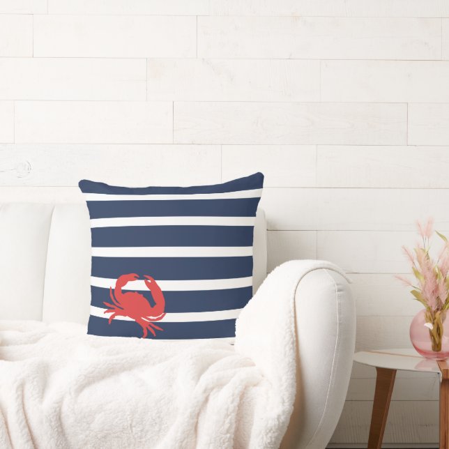 Nautical Navy Blue Stripes Red Crab Boat Name Cushion (Couch)