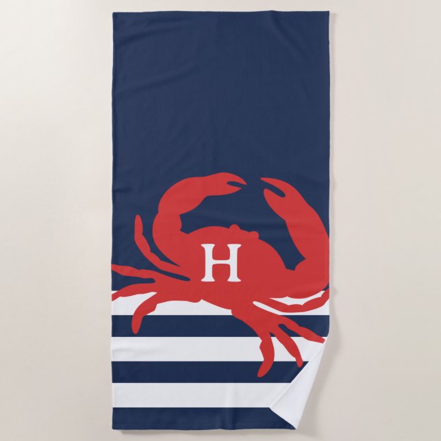 Nautical Navy Blue Stripes Red Crab Monogram Beach Towel (Front)