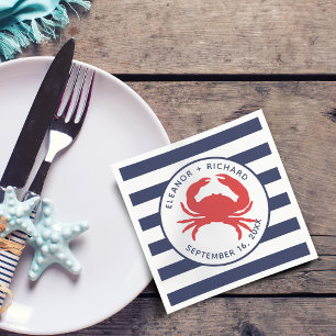 Nautical Navy Blue Stripes Red Crab Paper Napkin