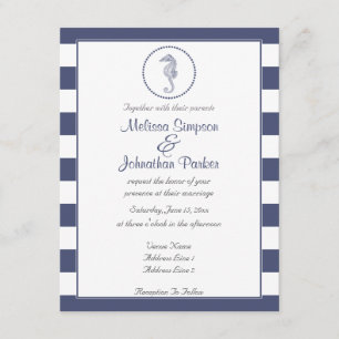 Nautical Navy Blue Stripes   Seahorse Invitation