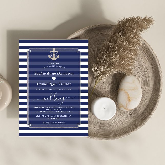 Nautical Navy Blue Stripes Silver Anchor Wedding  Invitation (Creator Uploaded)