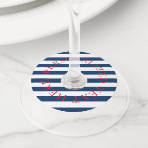Nautical navy blue stripes wedding party wine glass tag