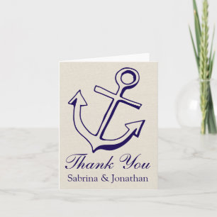 Nautical Navy Blue Tan Thank You Ship Anchor Card