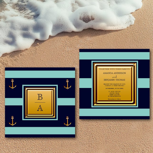 Nautical Navy Blue Teal Stripes Anchor Wedding Invitation (Creator Uploaded)