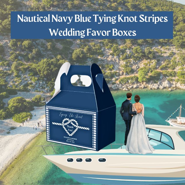 Nautical Navy Blue Tying Knot Stripes Wedding  Favour Box (Nautical Navy Blue Tying Knot Stripes Wedding Favor Box)