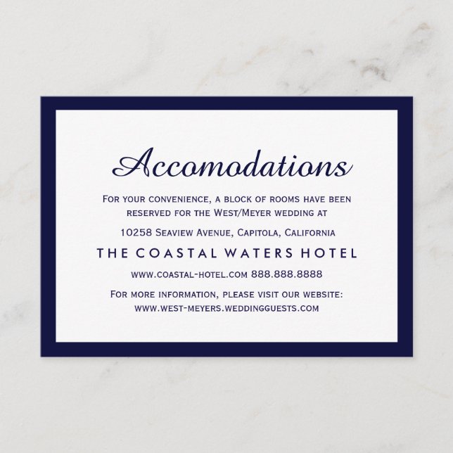 Nautical Navy Blue Wedding Accommodations Hotel Enclosure Card (Front)