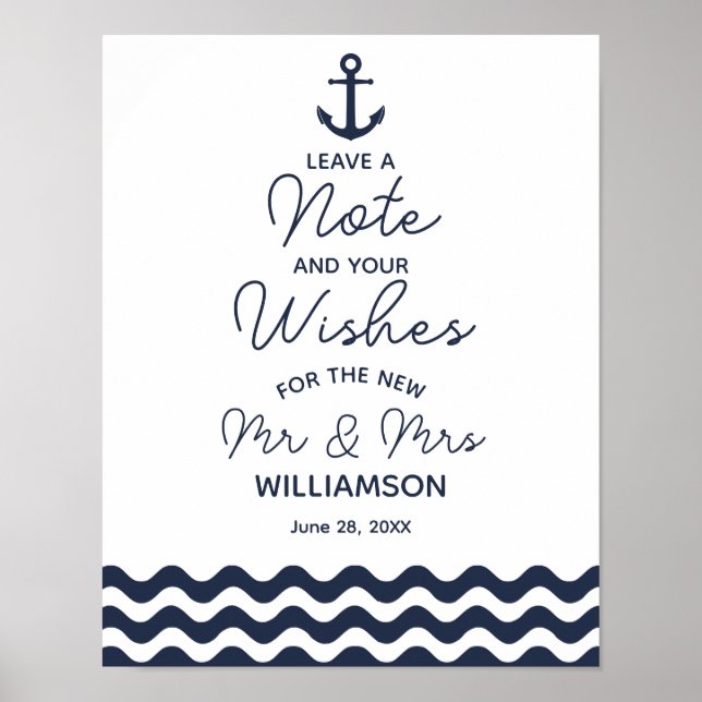Nautical navy blue wedding Leave a note sign print (Front)