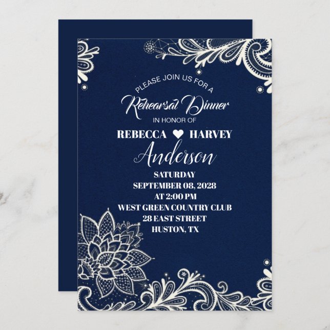 nautical navy blue wedding rehearsal dinner invitation (Front/Back)