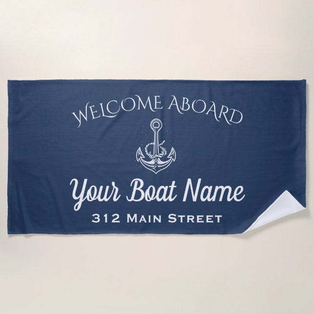 Nautical Navy Blue Welcome Aboard Anchor Boat Name Beach Towel (Front)