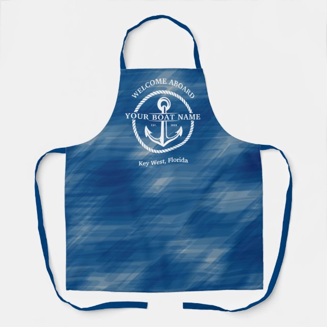 Nautical Navy Blue Welcome Aboard Boat Name Anchor Apron (Front)
