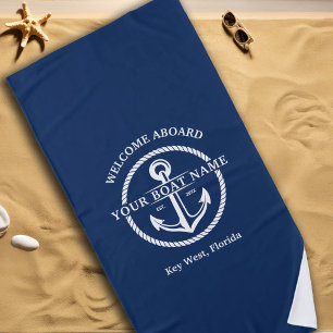Nautical Navy Blue Welcome Aboard Boat Name Anchor Beach Towel