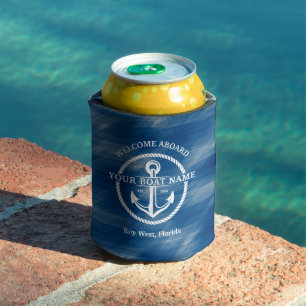 Nautical Navy Blue Welcome Aboard Boat Name Anchor Can Cooler