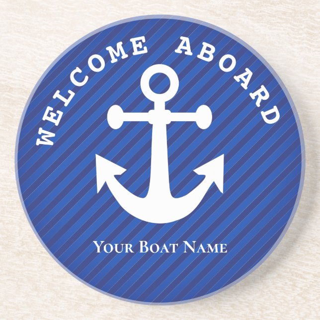 Nautical Navy Blue Welcome Aboard Boat Name Anchor Coaster (Front)