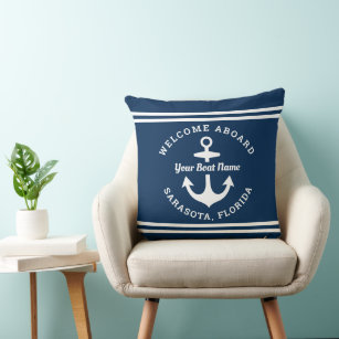 Nautical Navy Blue Welcome Aboard Boat Name Anchor Cushion
