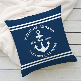 Nautical Navy Blue Welcome Aboard Boat Name Anchor Cushion