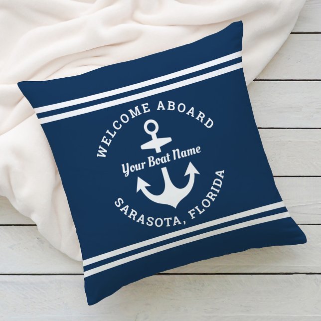 Nautical Navy Blue Welcome Aboard Boat Name Anchor Cushion (Creator Uploaded)