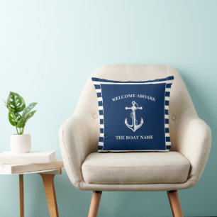Nautical Navy Blue Welcome Aboard Boat Name Anchor Cushion